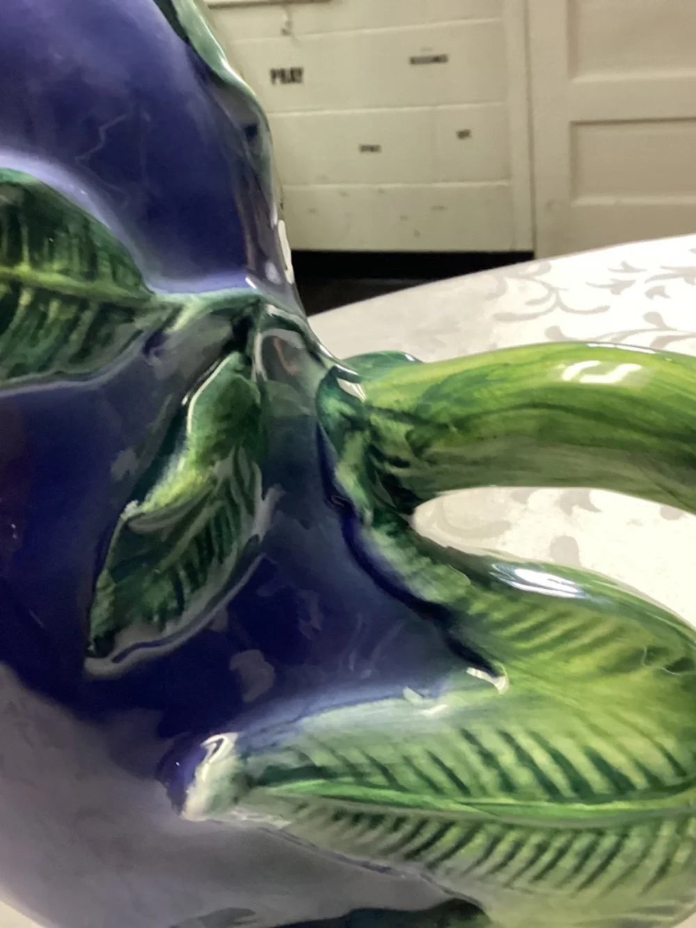 Eggplant pitcher majolica style. Fabulous item